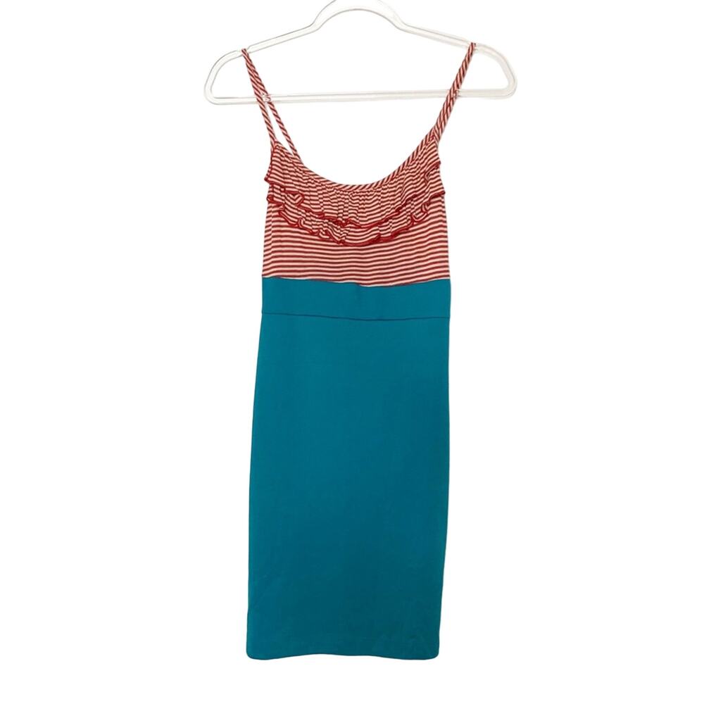 LOVELY DAY Bodycon Colorblock Stripe Mini Dress Ruffled Orange Turquoise Size M